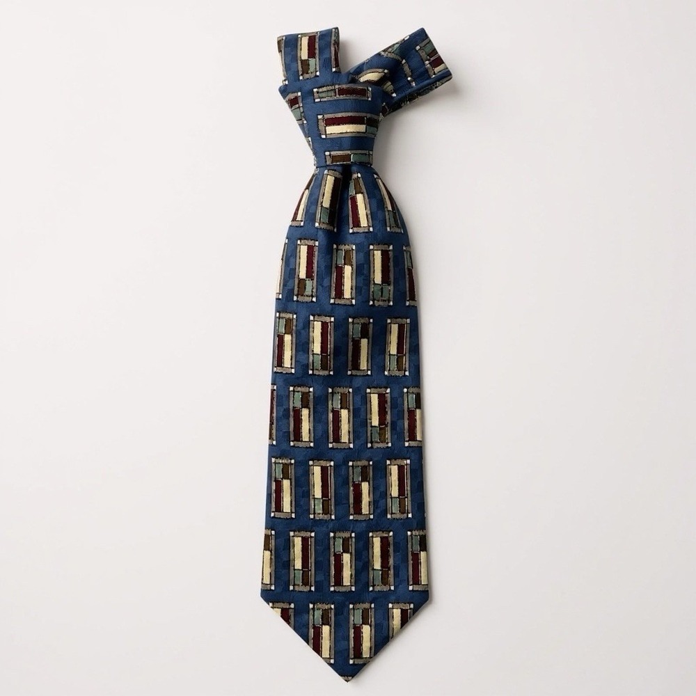 Nordstrom XMI 100% Silk Tie Handmade Blue Geometric Wide Necktie USA